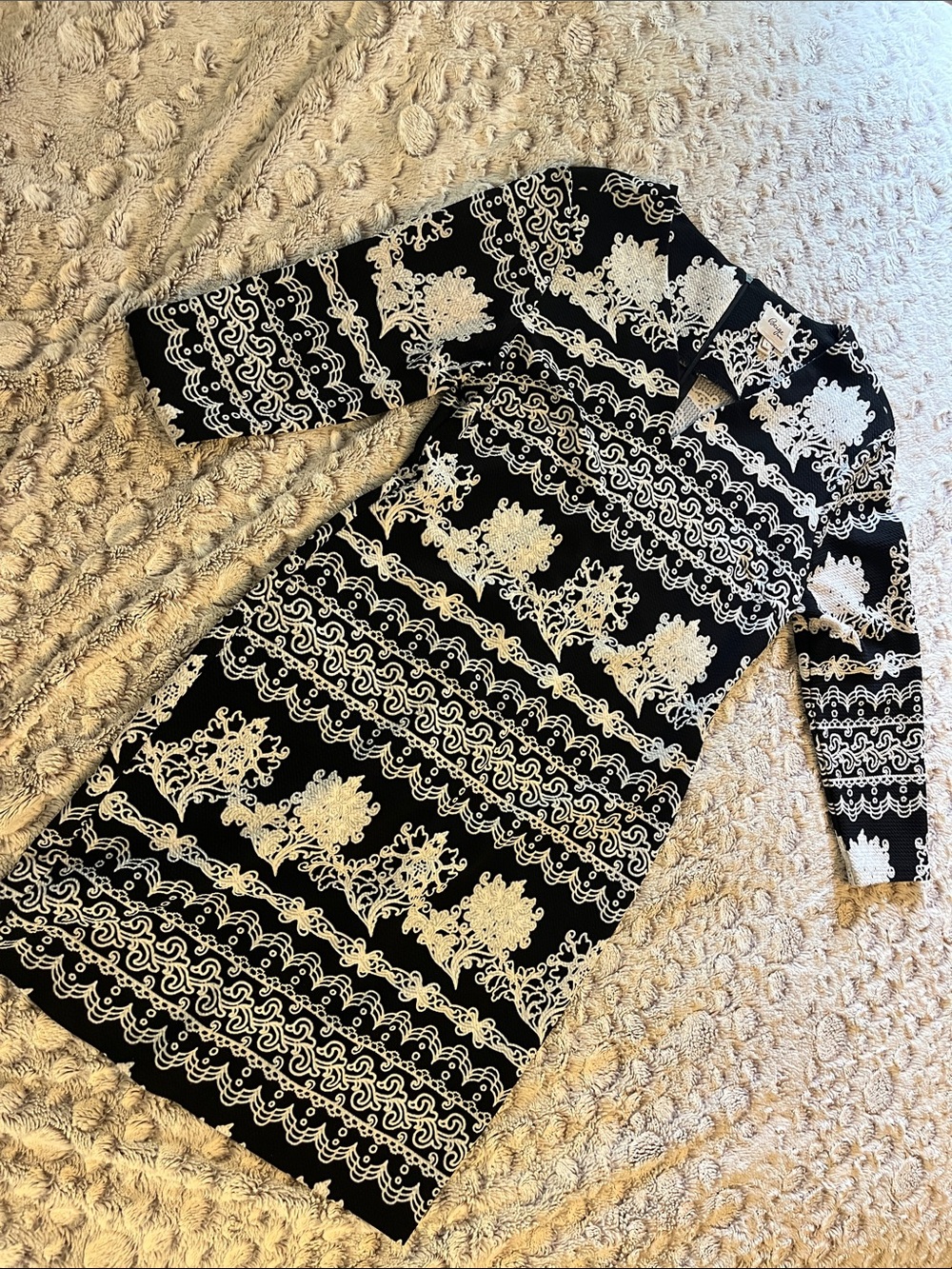 Beige by eci Black and White Ornate Pattern Dress